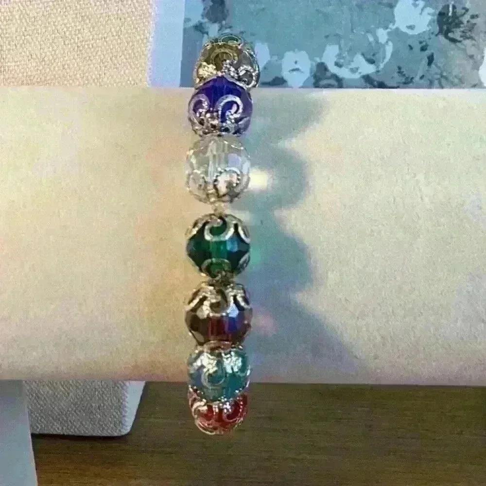 Vintage Faceted Beaded Bracelet Rainbow Glass Silver Tone